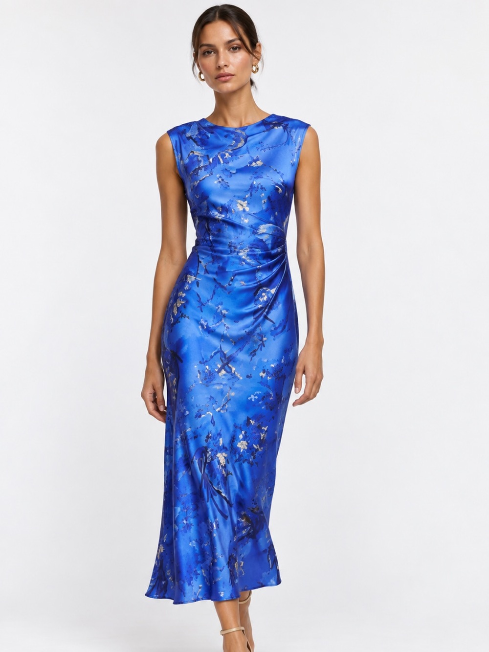Zara NWT blue satin ruched midi dress 8437/152